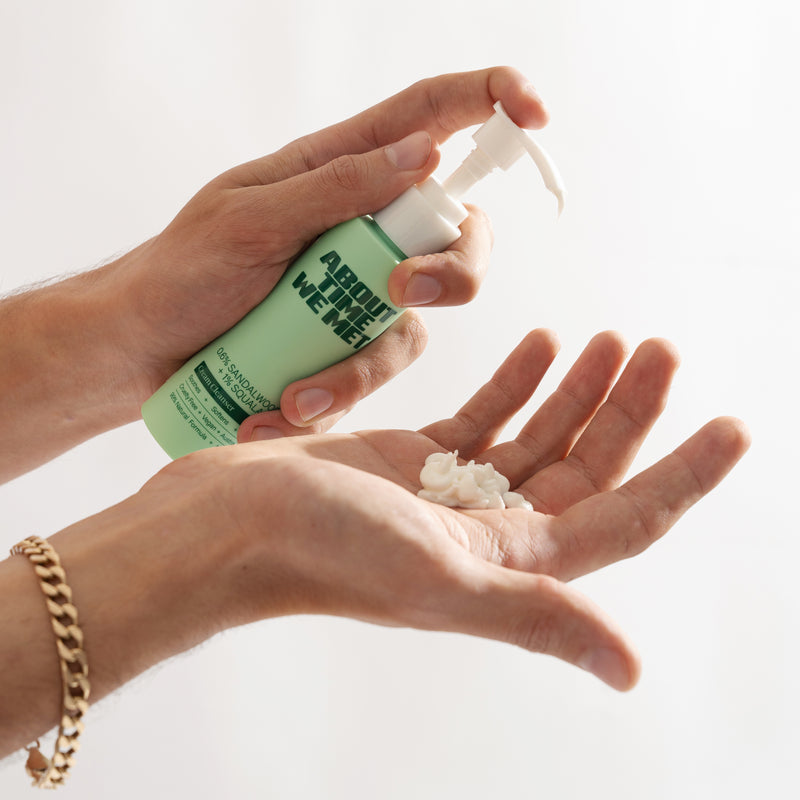 person applying About time we met's cream cleanser on hands