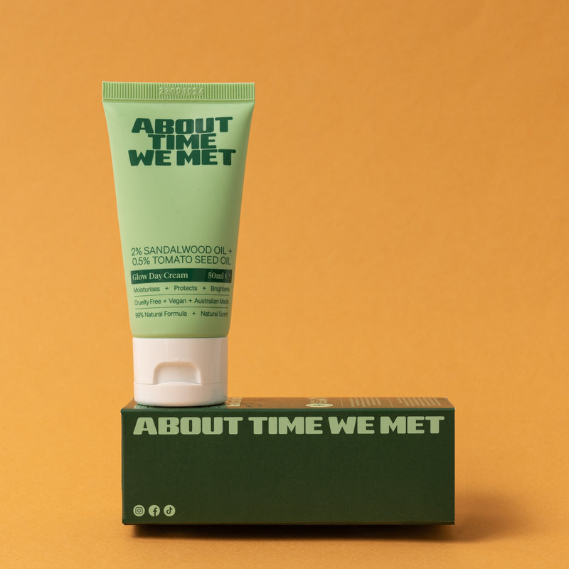About time we met's glow day cream made with sandalwood oil and tomato seed oil