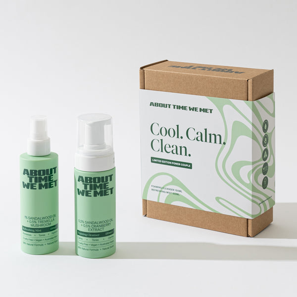 Showcase of Cool. Calm. Clean. face cleanser and mist gift set in elegant packaging , suitable for valentines gift set or valentines gift for him or her 