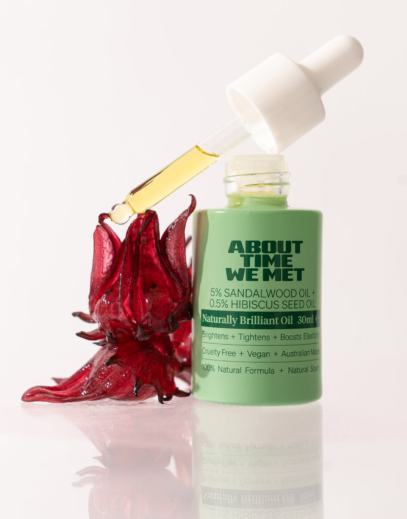 About time we met's naturally brilliant oil with sandalwood oil and hibiscus seed oil