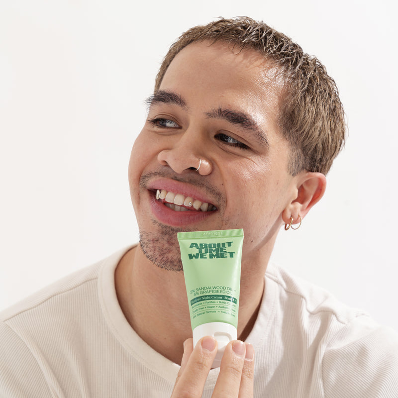 young man who uses About time we met's restore night cream