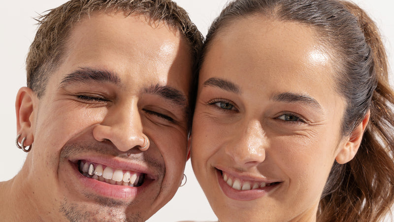 happy man and woman with smooth skin who use About time we met products